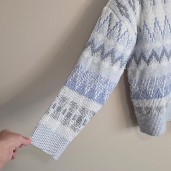 Frye Womens Fair Isle Knit Sweater Light Blue White Grey Geometric Crewneck M - Picture 3 of 8